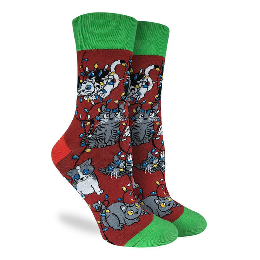 Christmas Light Cats Crew Socks - Women's 5-9