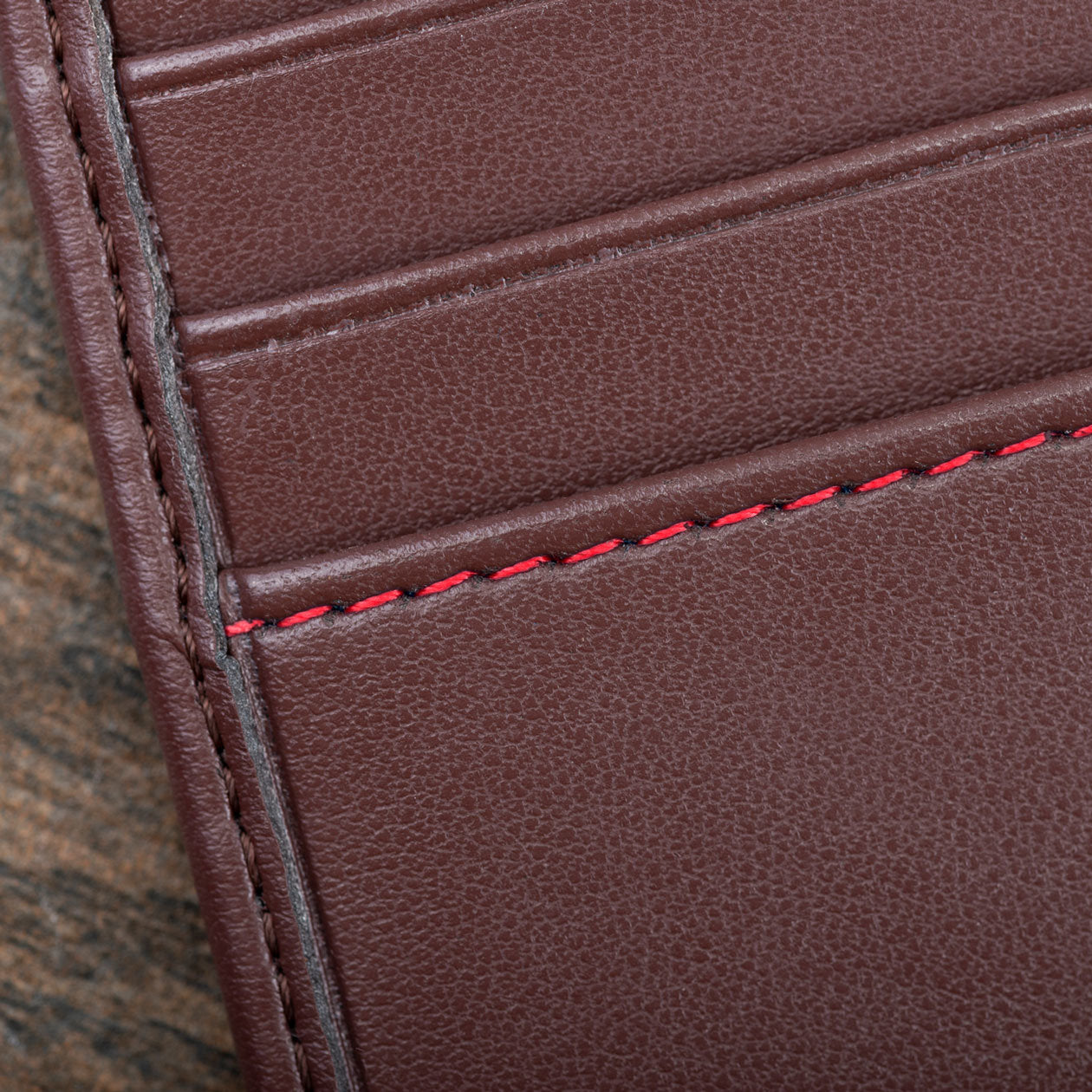 Bifold Vegan Corn Leather Wallet with Coin Pocket - Chestnut with Red